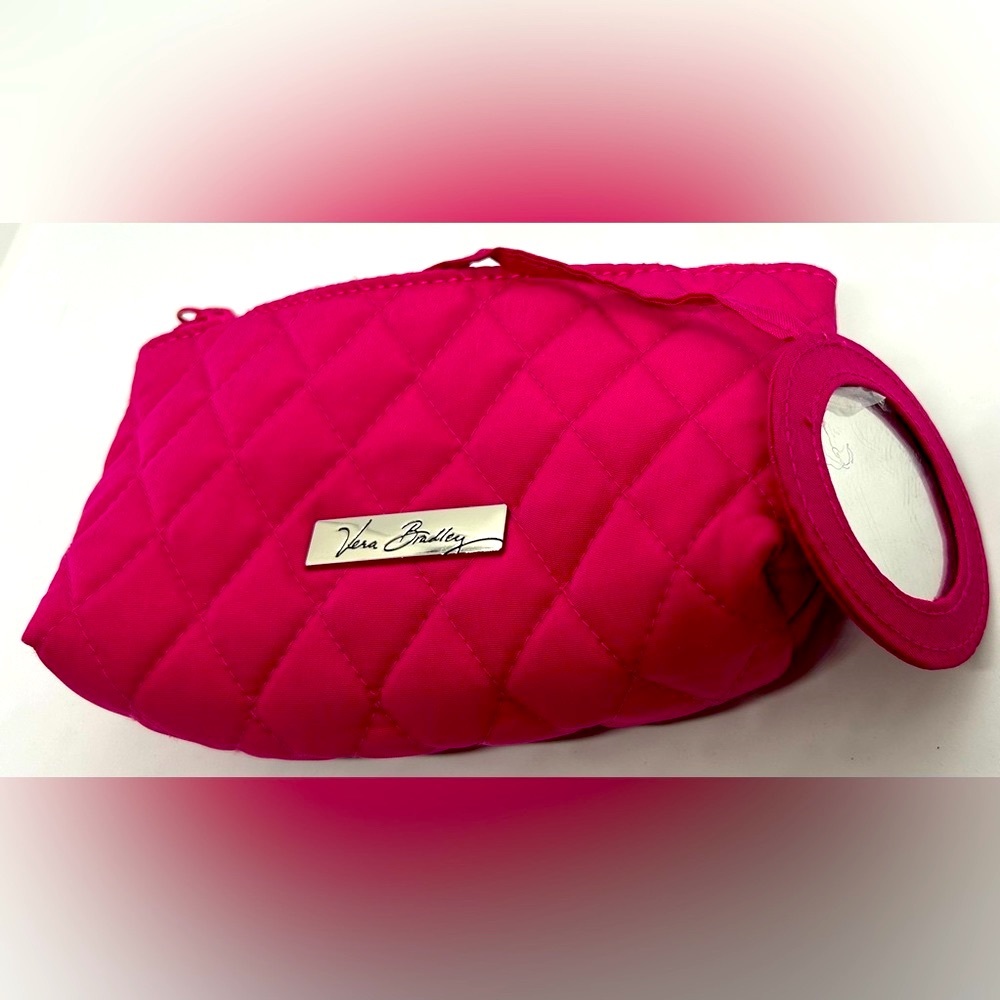 Vera Bradley Quilted Cosmetic Bag with Attached Mirror in Fuchsia, EUC.